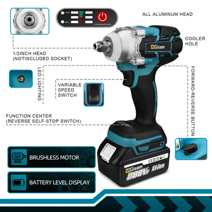 Brushless/Cordless Impact Wrench 1/2 inch for Makita 18V